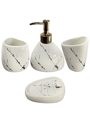 Set Accesorios de Baño 4 Piezas Cerámica Blanco Marmoleado – Dispensador y Porta Cepillos