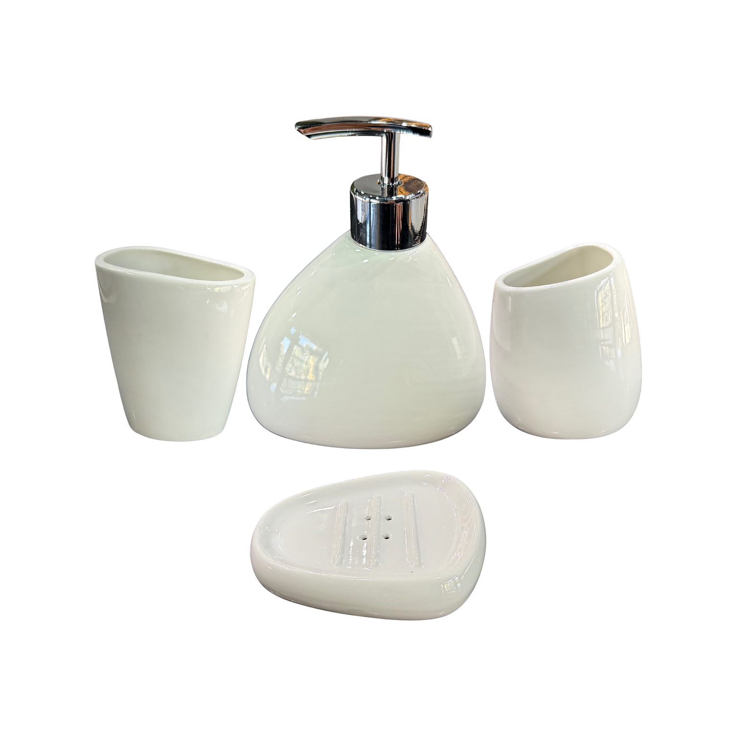 Set Accesorios de Baño 4 Piezas Cerámica Blanco – Dispensador y Porta Cepillos 1