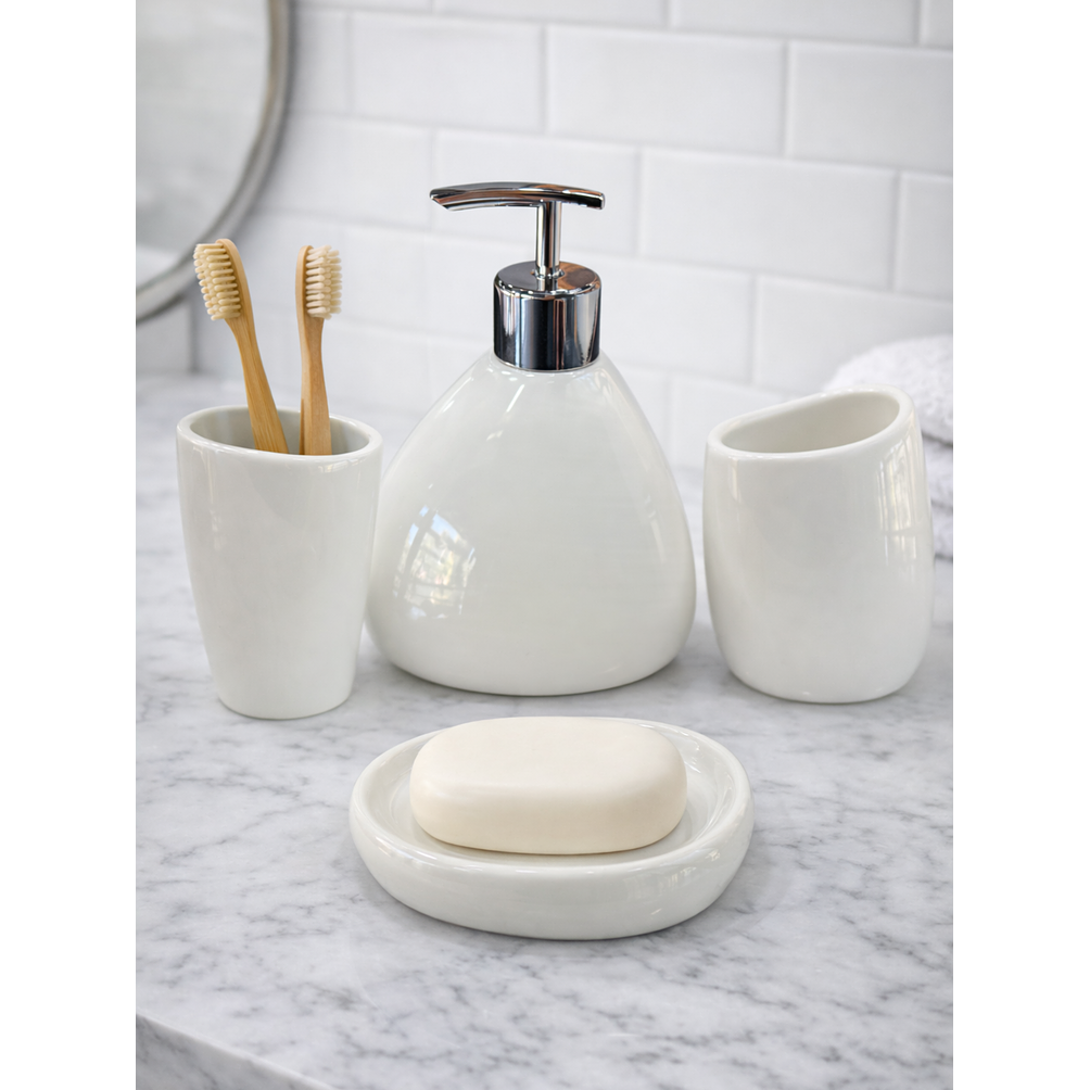 Set Accesorios de Baño 4 Piezas Cerámica Blanco – Dispensador y Porta Cepillos 2