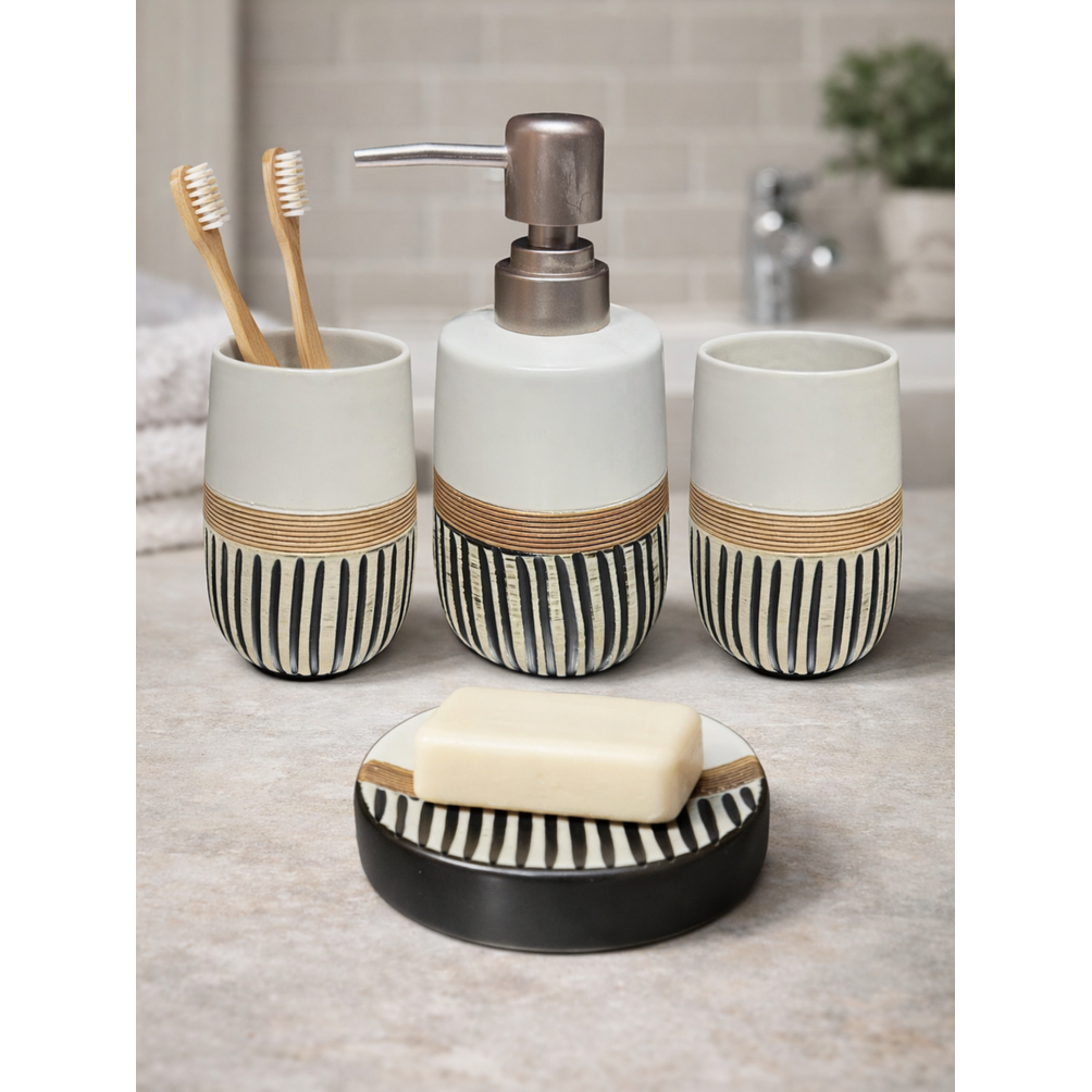 Set Accesorios de Baño 4 Piezas Cerámica Blanco y Negro Dispensador y Porta Cepillos 2