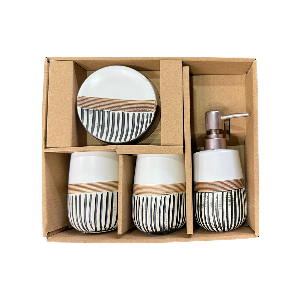 Set Accesorios de Baño 4 Piezas Cerámica Blanco y Negro Dispensador y Porta Cepillos 3