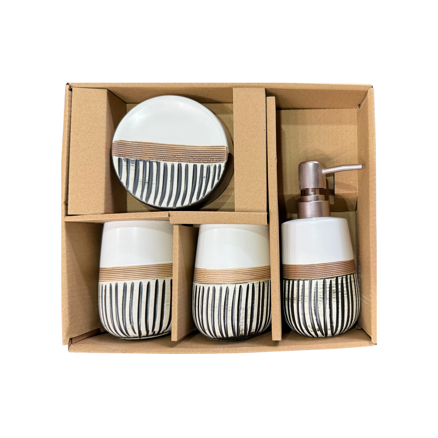 Set Accesorios de Baño 4 Piezas Cerámica Blanco y Negro Dispensador y Porta Cepillos 3