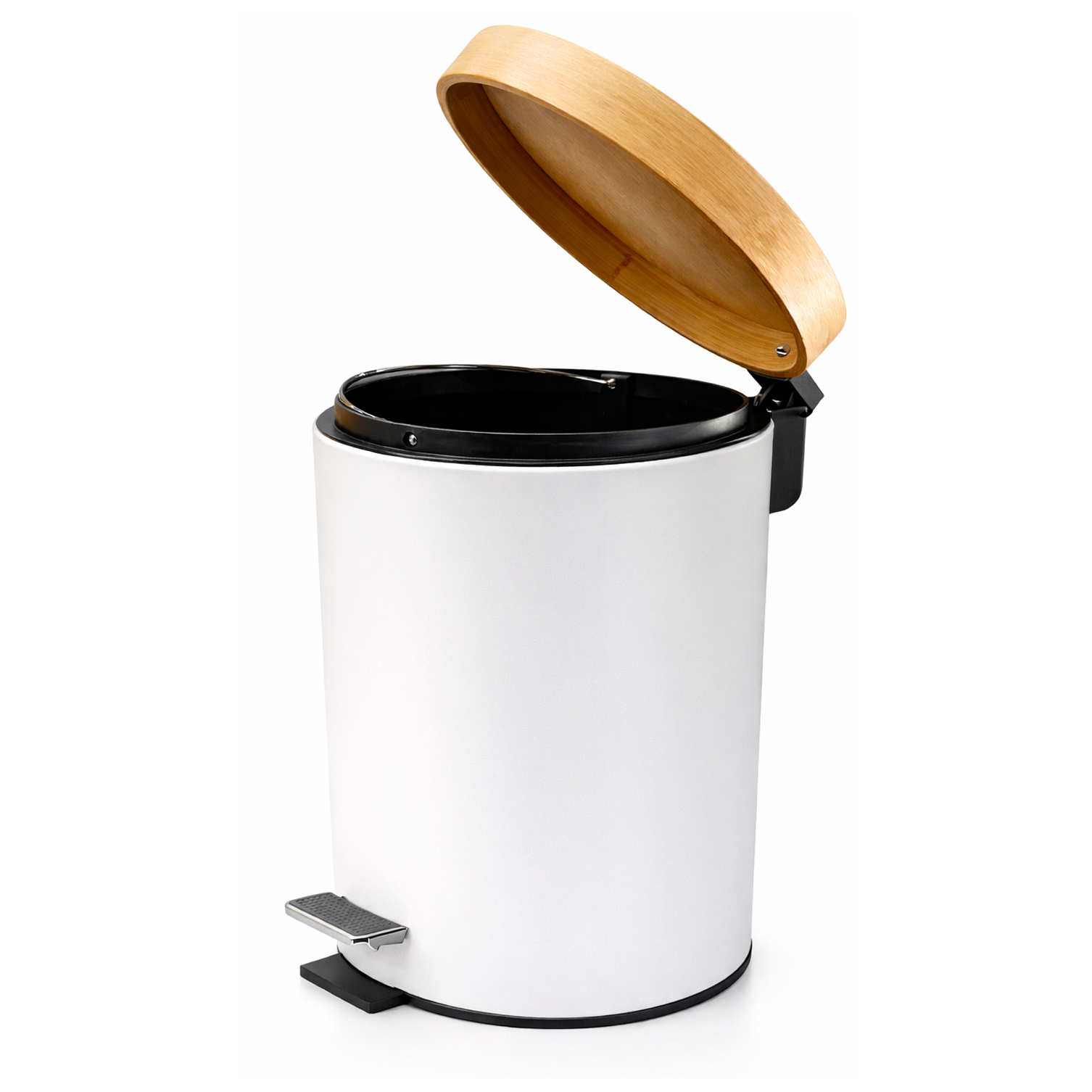 Basurero Blanco Con Pedal Cierre Suave y Tapa de Bambú 5L 5