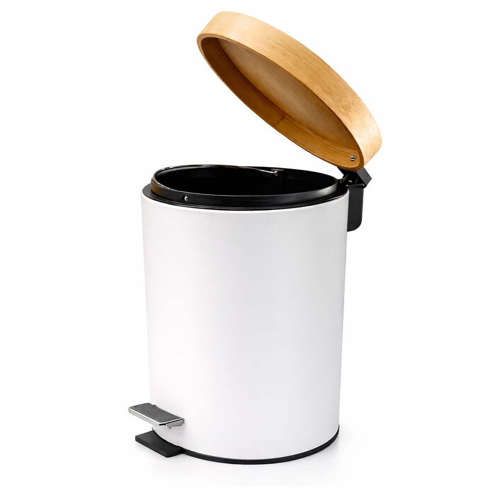  Basurero Blanco Con Pedal Cierre Suave y Tapa de Bambú 12L 5