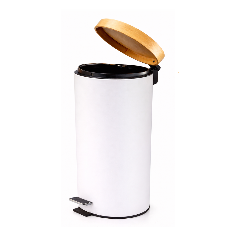 Basurero Blanco Con Pedal Cierre Suave y Tapa de Bambú 30L 5