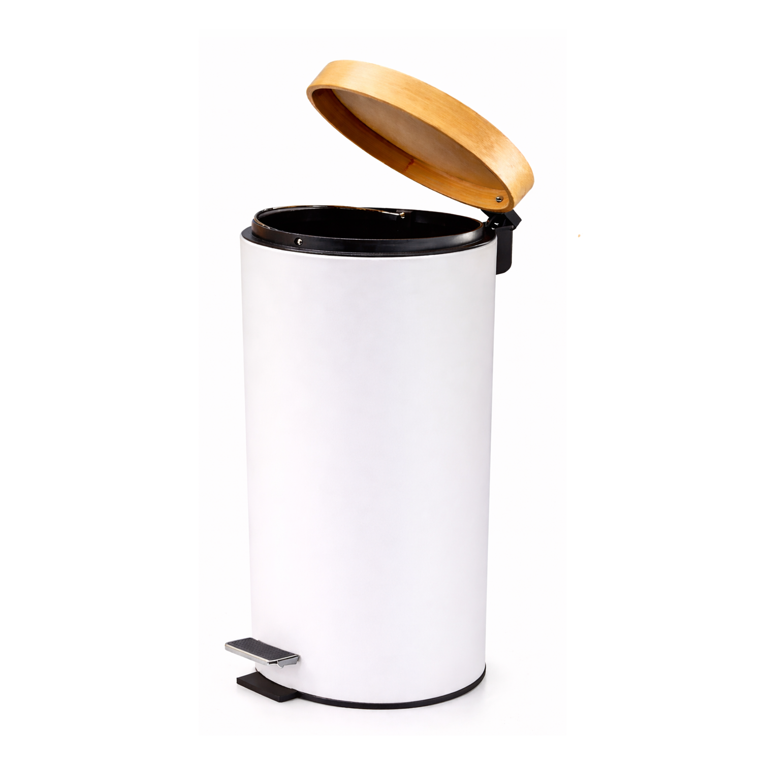 Basurero Blanco Con Pedal Cierre Suave y Tapa de Bambú 30L 5