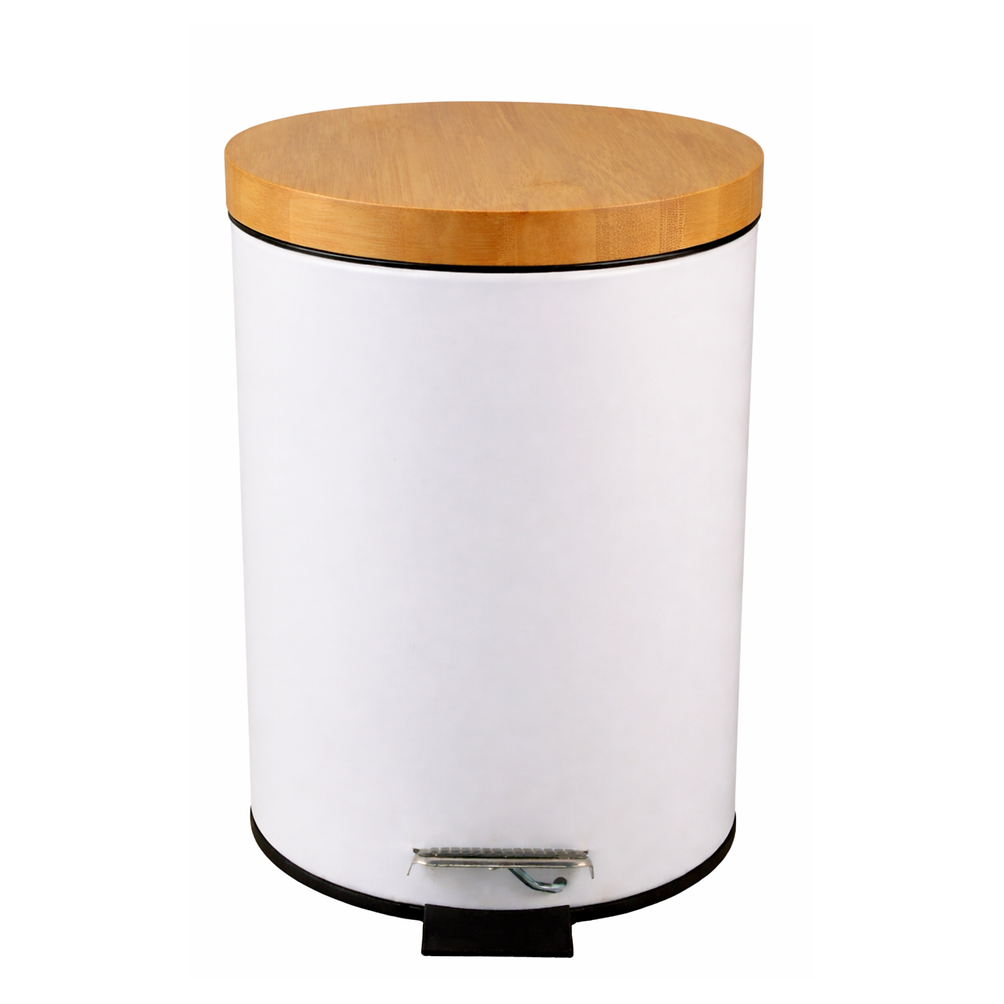  Basurero Blanco Con Pedal Cierre Suave y Tapa de Bambú 12L 1