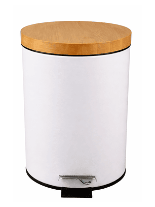  Basurero Blanco Con Pedal Cierre Suave y Tapa de Bambú 12L