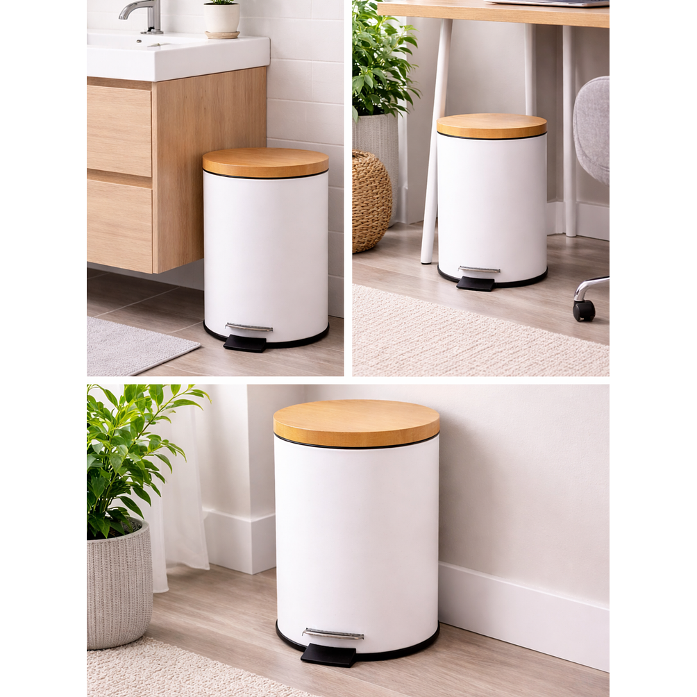  Basurero Blanco Con Pedal Cierre Suave y Tapa de Bambú 12L 3