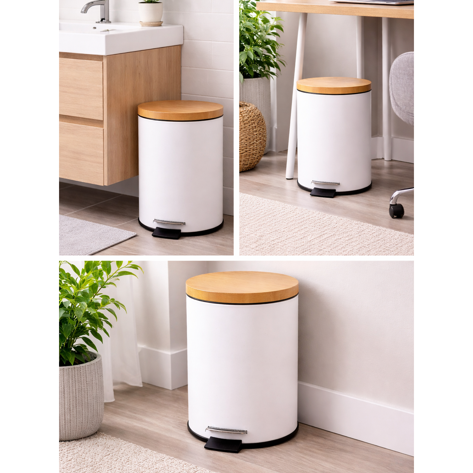  Basurero Blanco Con Pedal Cierre Suave y Tapa de Bambú 12L 3