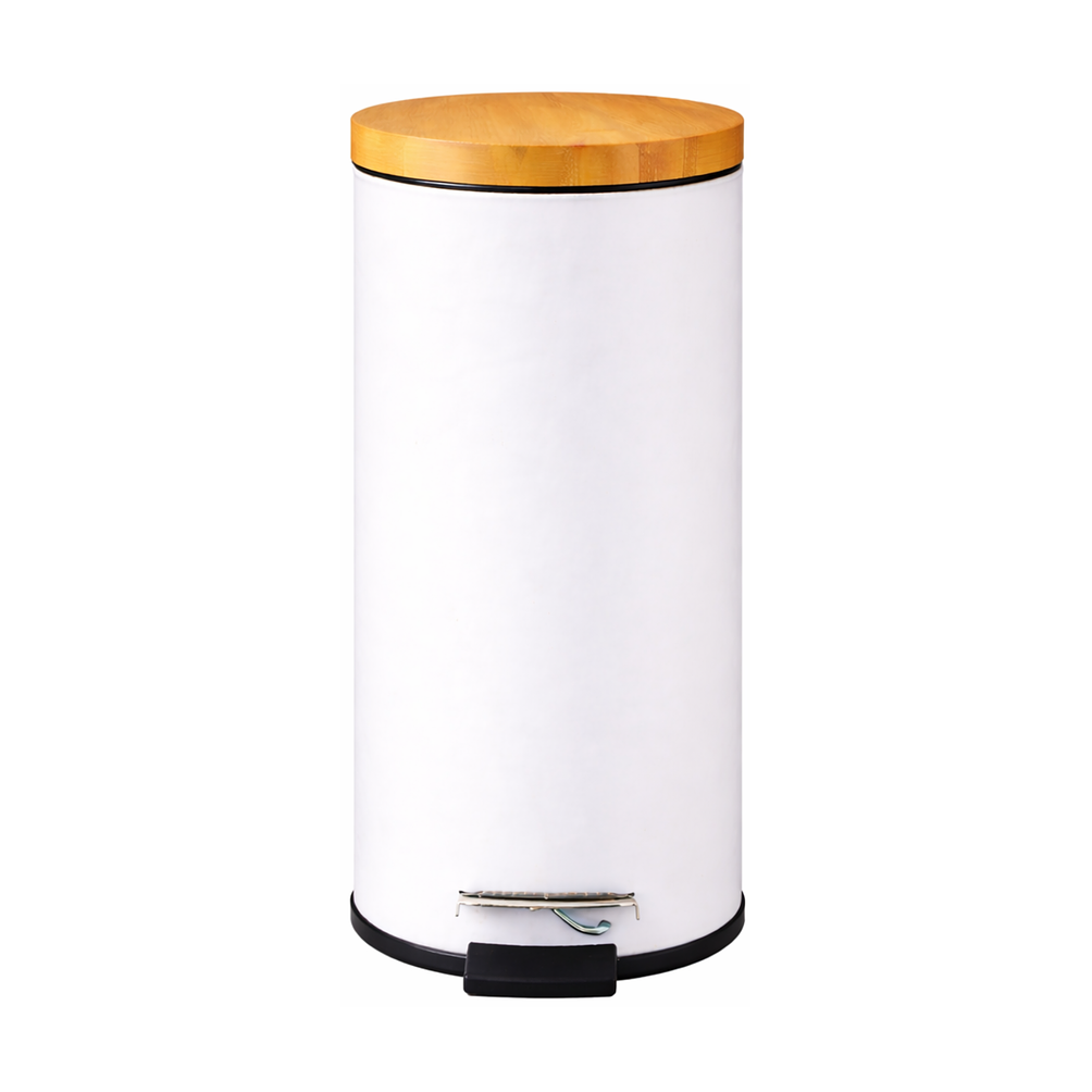 Basurero Blanco Con Pedal Cierre Suave y Tapa de Bambú 30L 1