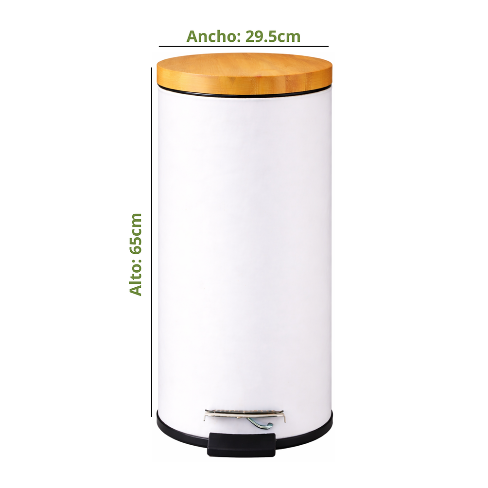 Basurero Blanco Con Pedal Cierre Suave y Tapa de Bambú 30L 2