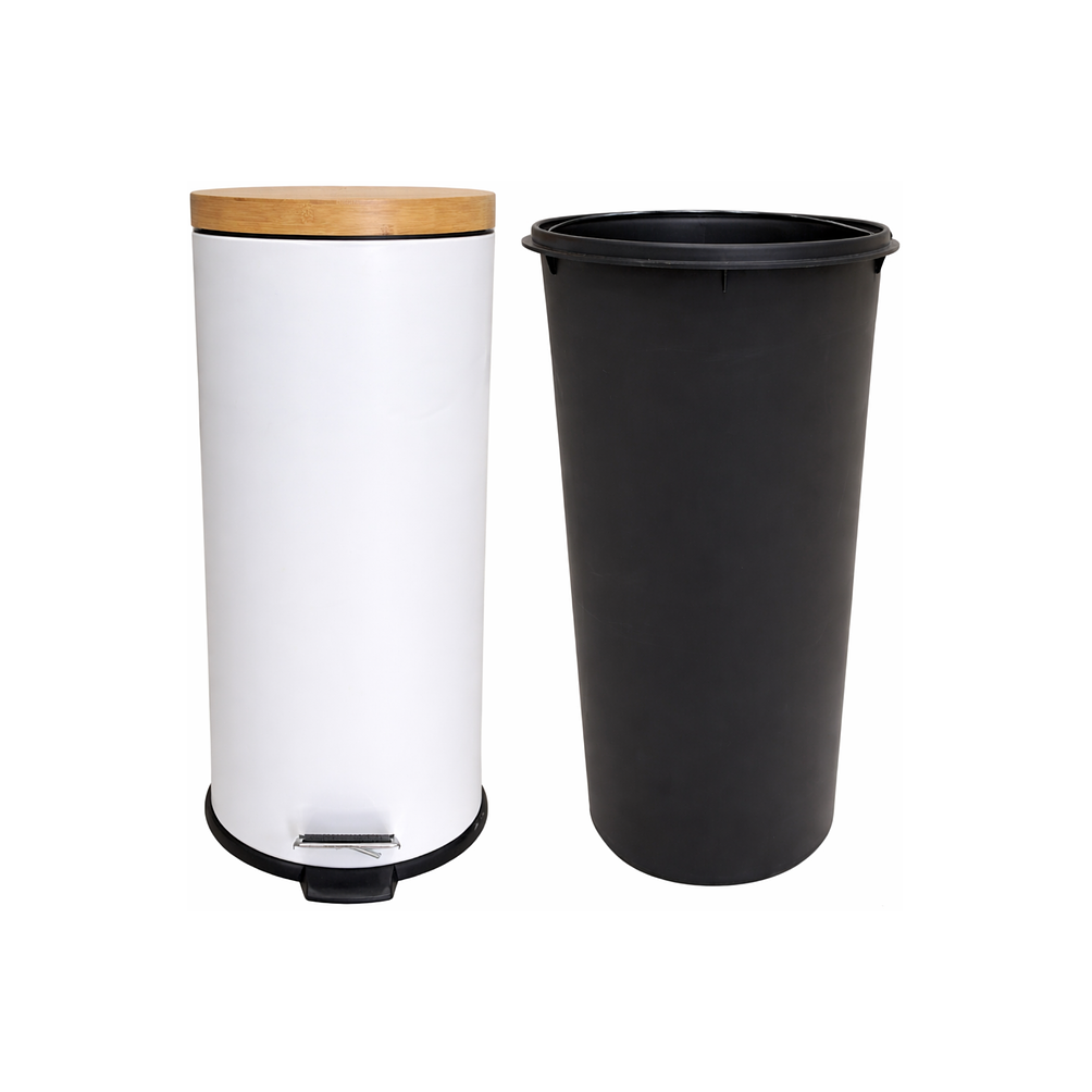 Basurero Blanco Con Pedal Cierre Suave y Tapa de Bambú 30L 4