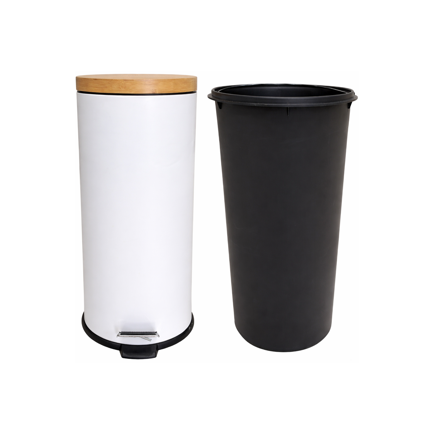 Basurero Blanco Con Pedal Cierre Suave y Tapa de Bambú 30L 4