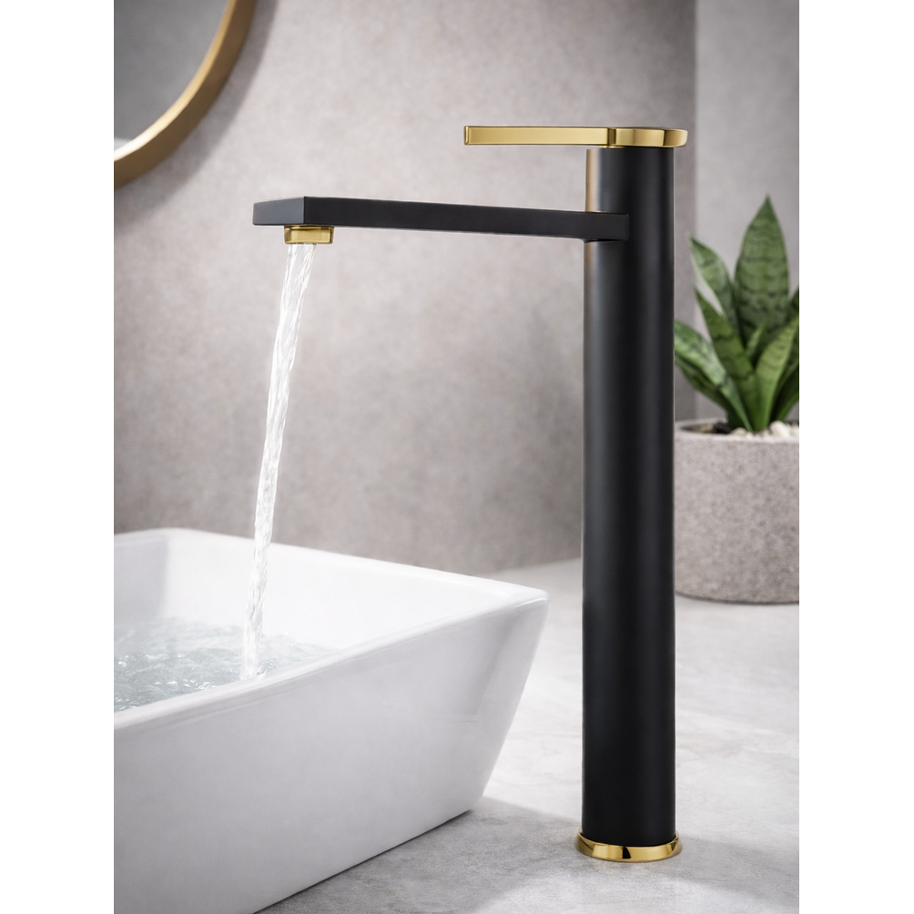 Llave Monomando Lavamanos Alta Negro Dorado 2