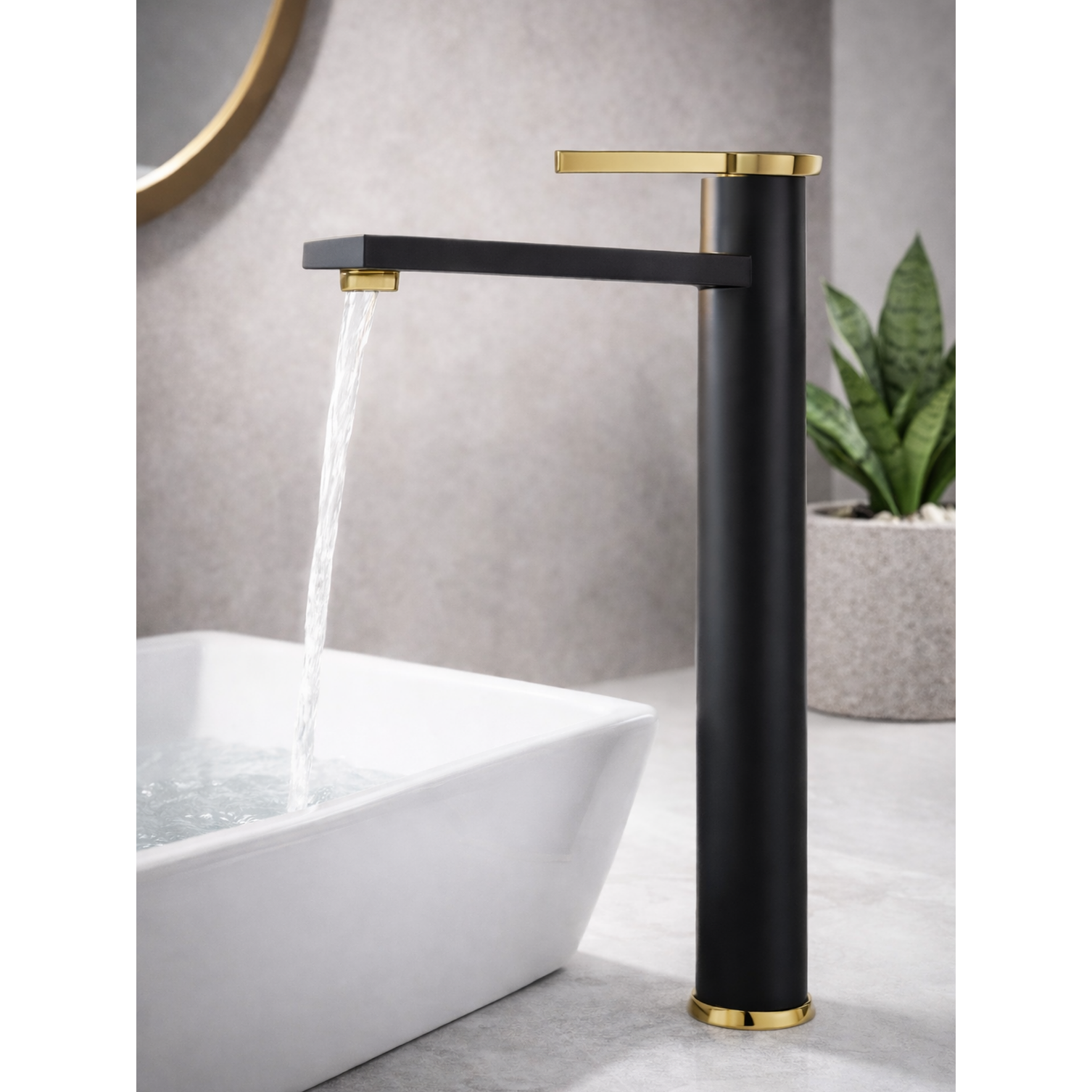 Llave Monomando Lavamanos Alta Negro Dorado 2