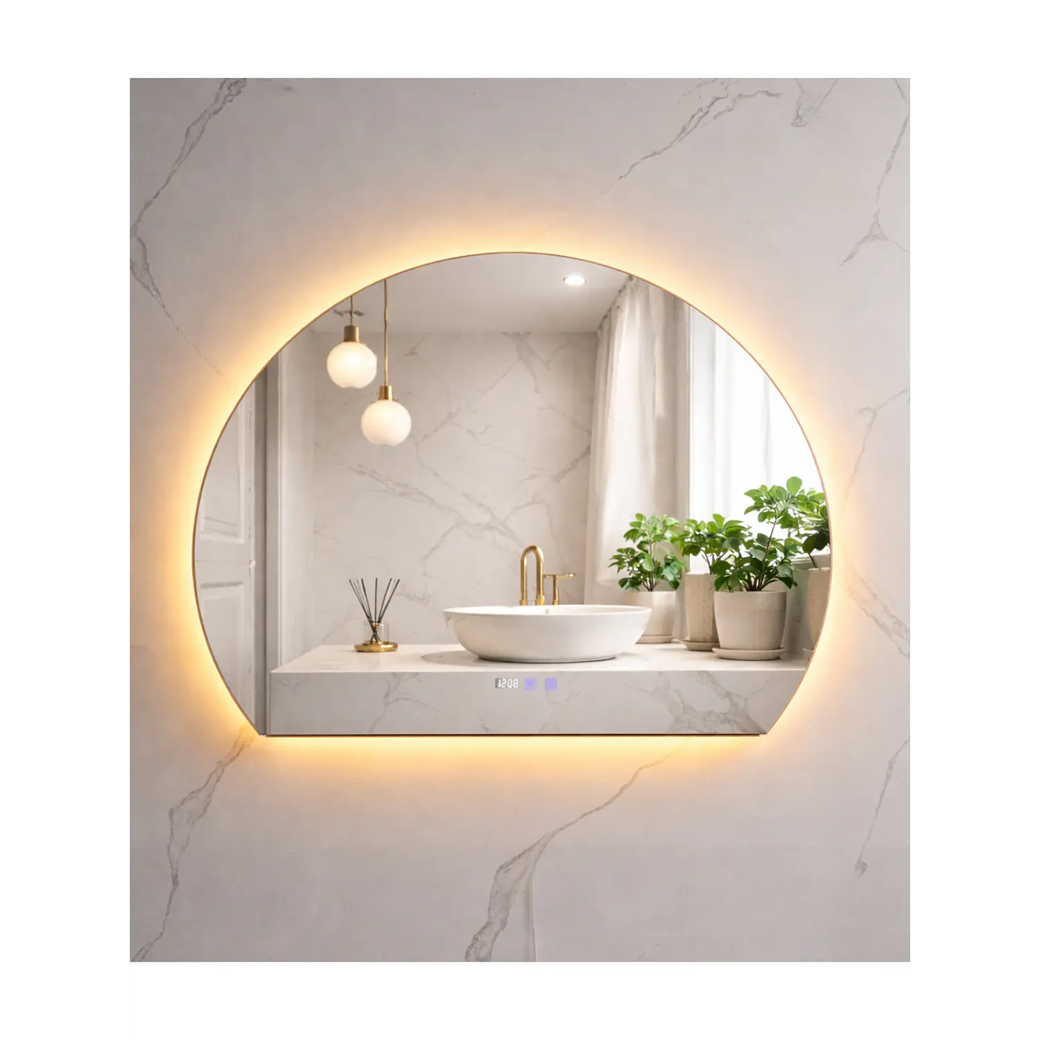 Espejo LED Para Baño Desempañante Con Reloj Digital Sin Marco 100x80 cm 1