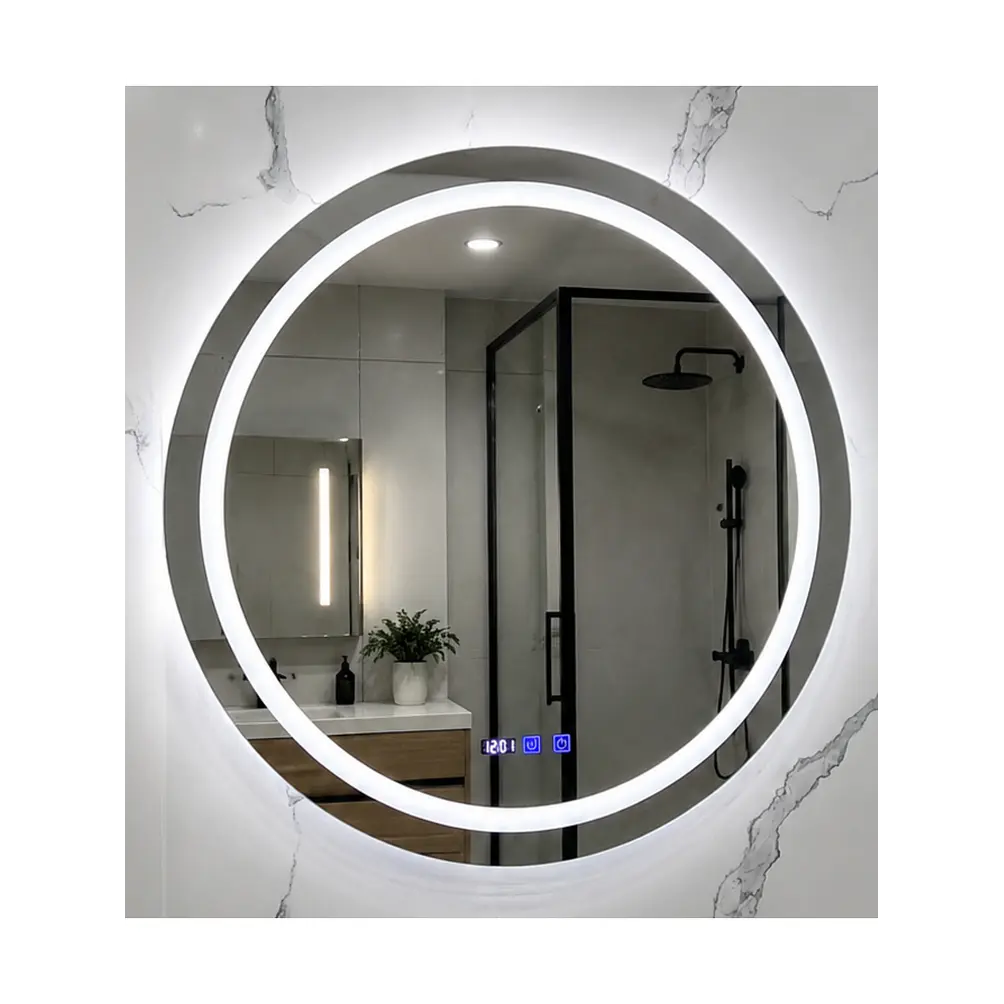 Espejo Redondo LED 80 cm con Desempañante, Reloj y Temperatura 2
