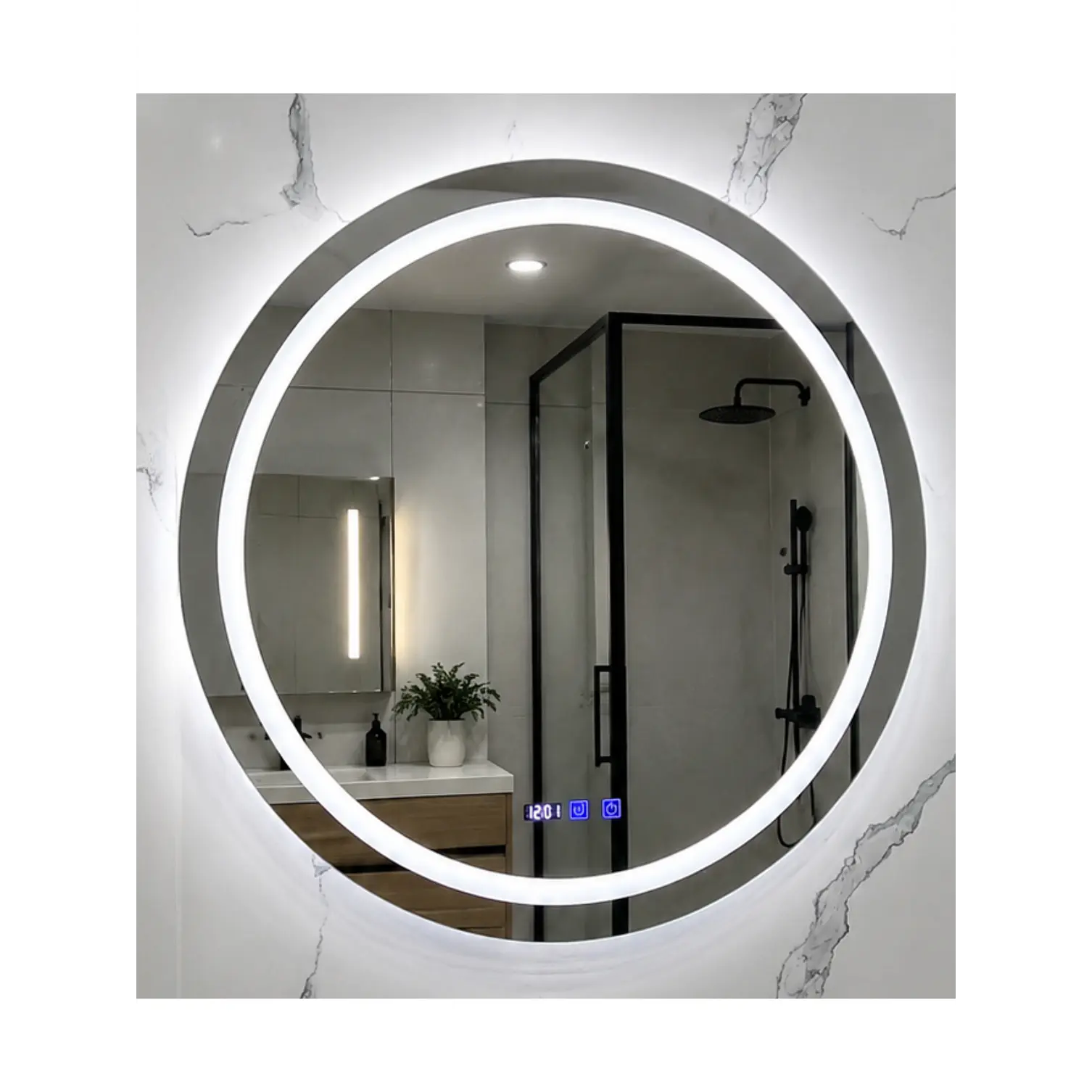 Espejo Redondo LED 80 cm con Desempañante, Reloj y Temperatura 2