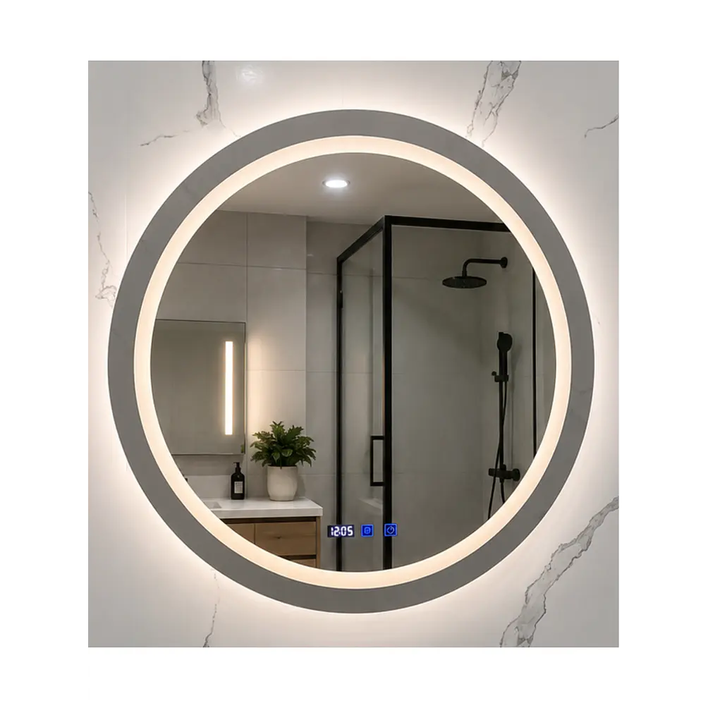 Espejo Redondo LED 80 cm con Desempañante, Reloj y Temperatura 3