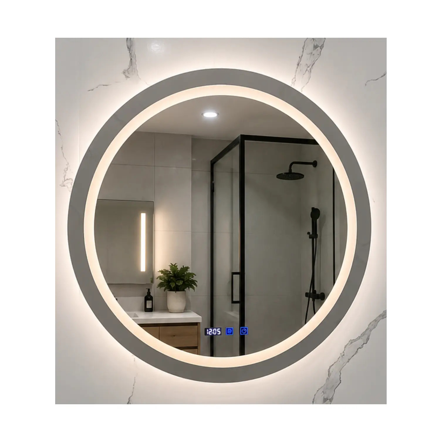 Espejo Redondo LED 80 cm con Desempañante, Reloj y Temperatura 3