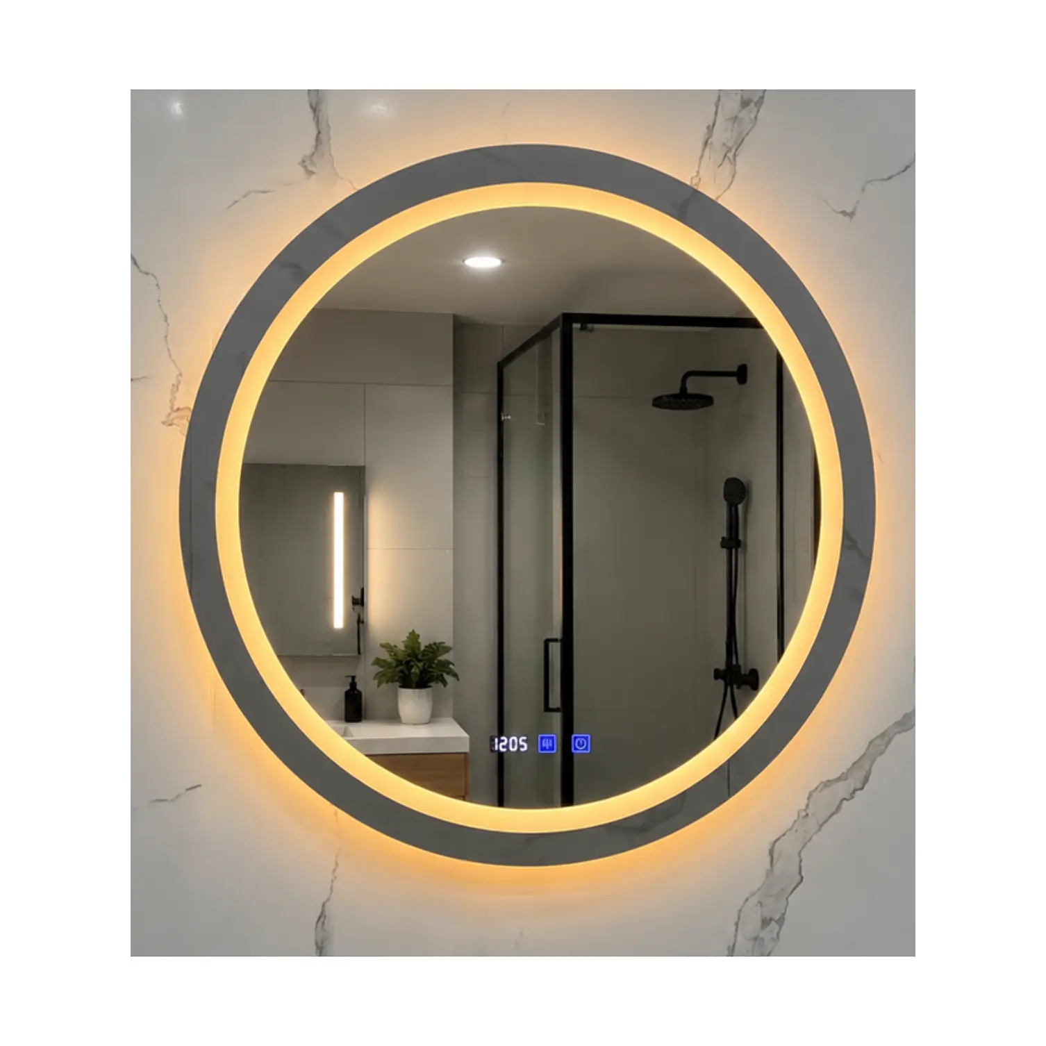 Espejo Redondo LED 80 cm con Desempañante, Reloj y Temperatura 1