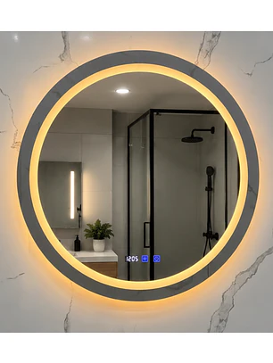 Espejo Redondo LED 80 cm con Desempañante, Reloj y Temperatura