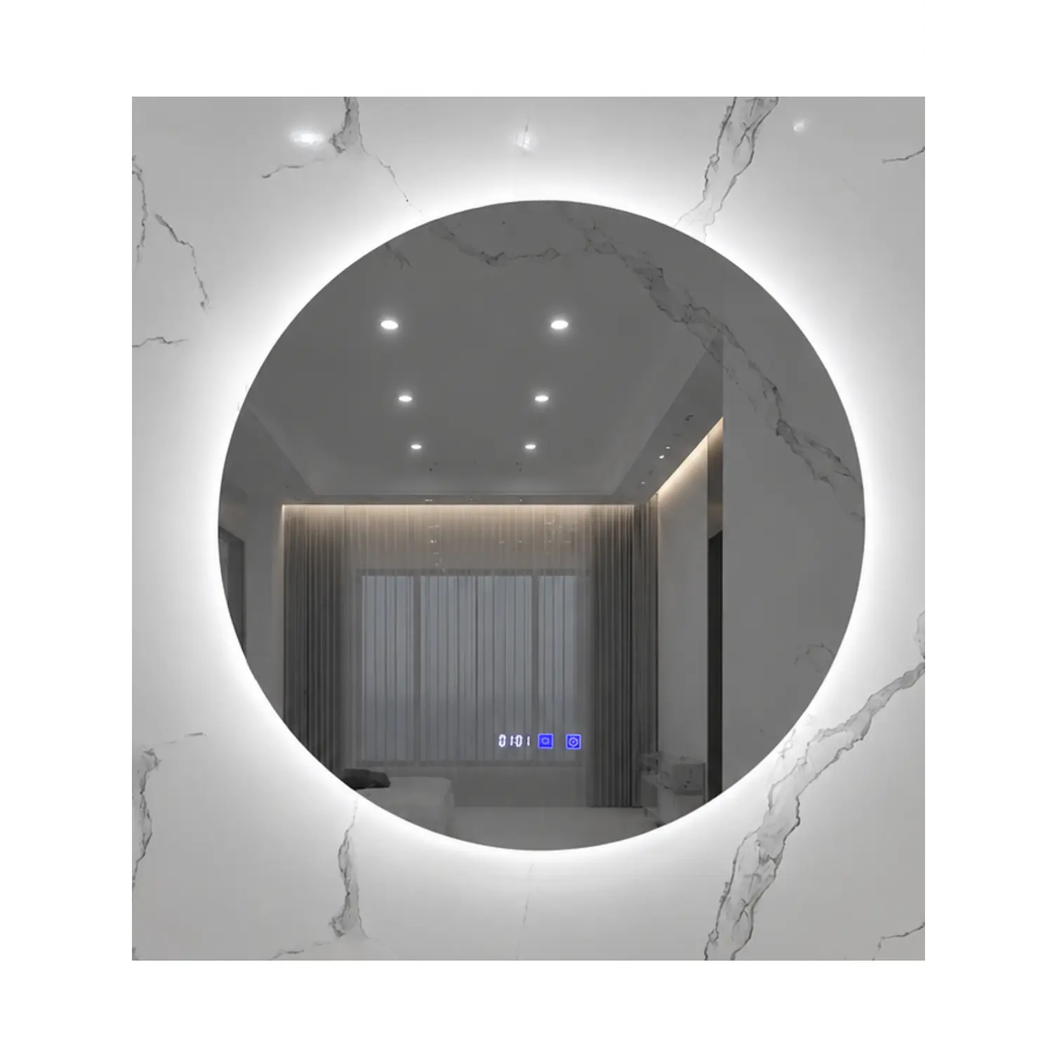 Espejo Redondo LED 80 cm con Desempañante, Reloj y Temperatura 2