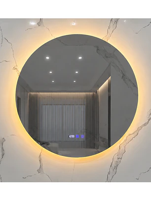 Espejo Redondo LED 80 cm con Desempañante, Reloj y Temperatura