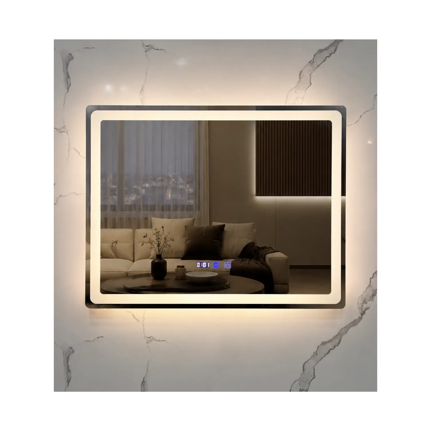 Espejo LED 80x60 cm con Desempañante, Reloj y Temperatura 3