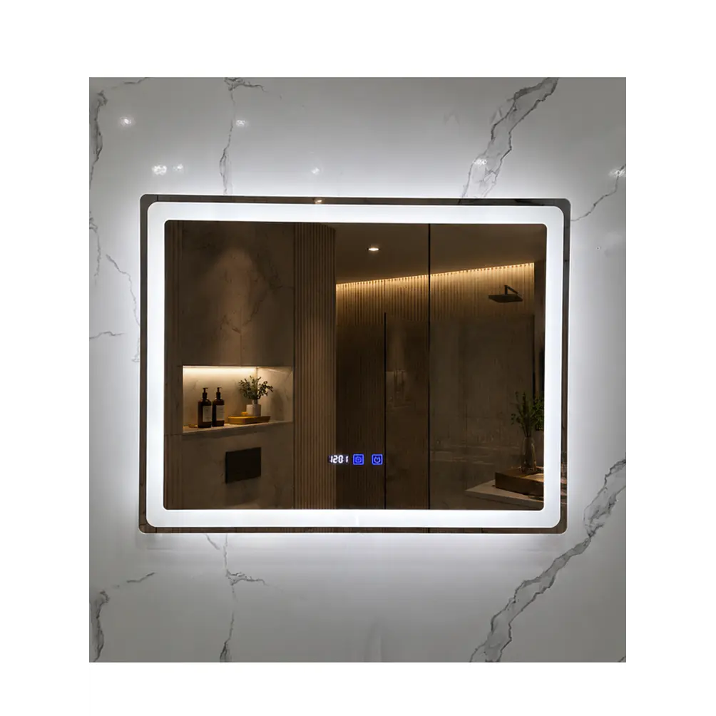 Espejo LED 80x60 cm con Desempañante, Reloj y Temperatura 2