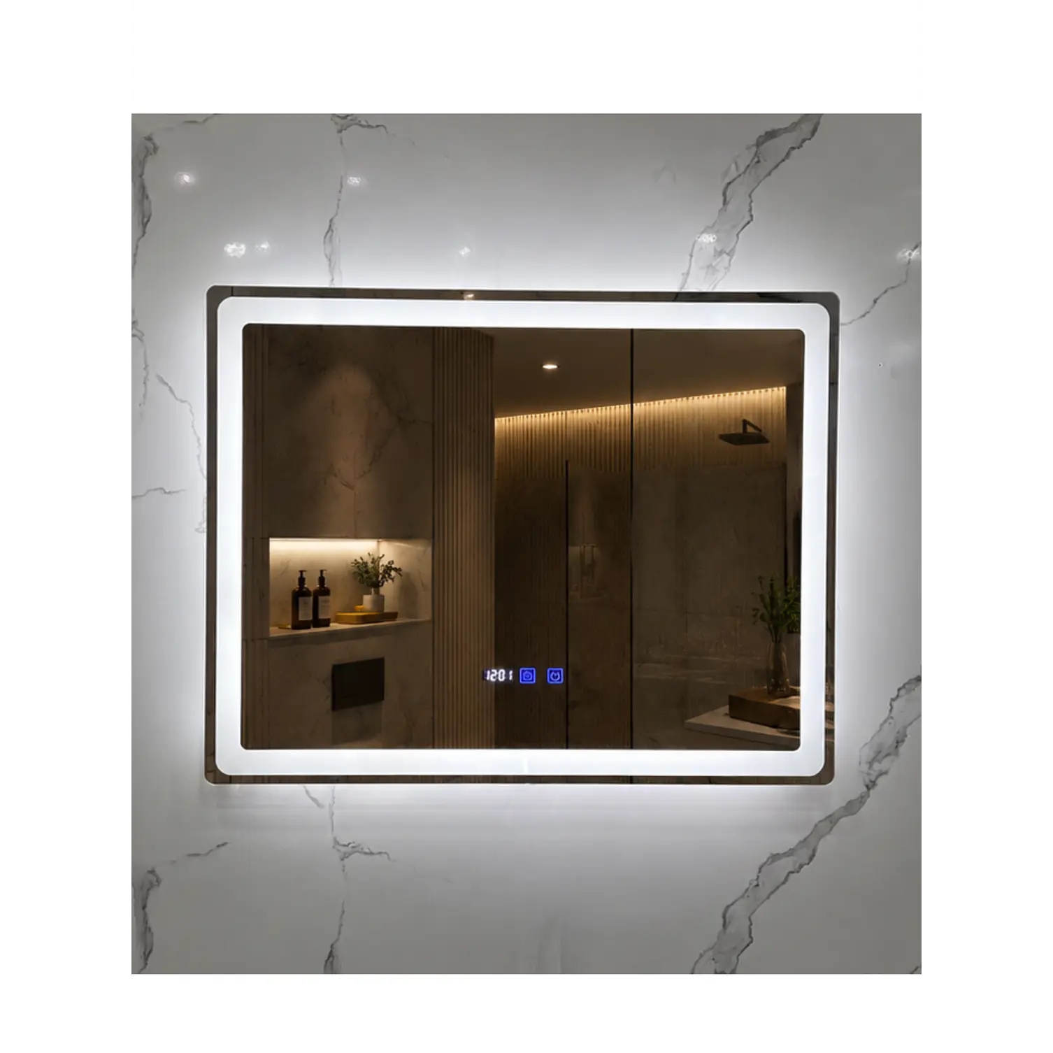 Espejo LED 80x60 cm con Desempañante, Reloj y Temperatura 2