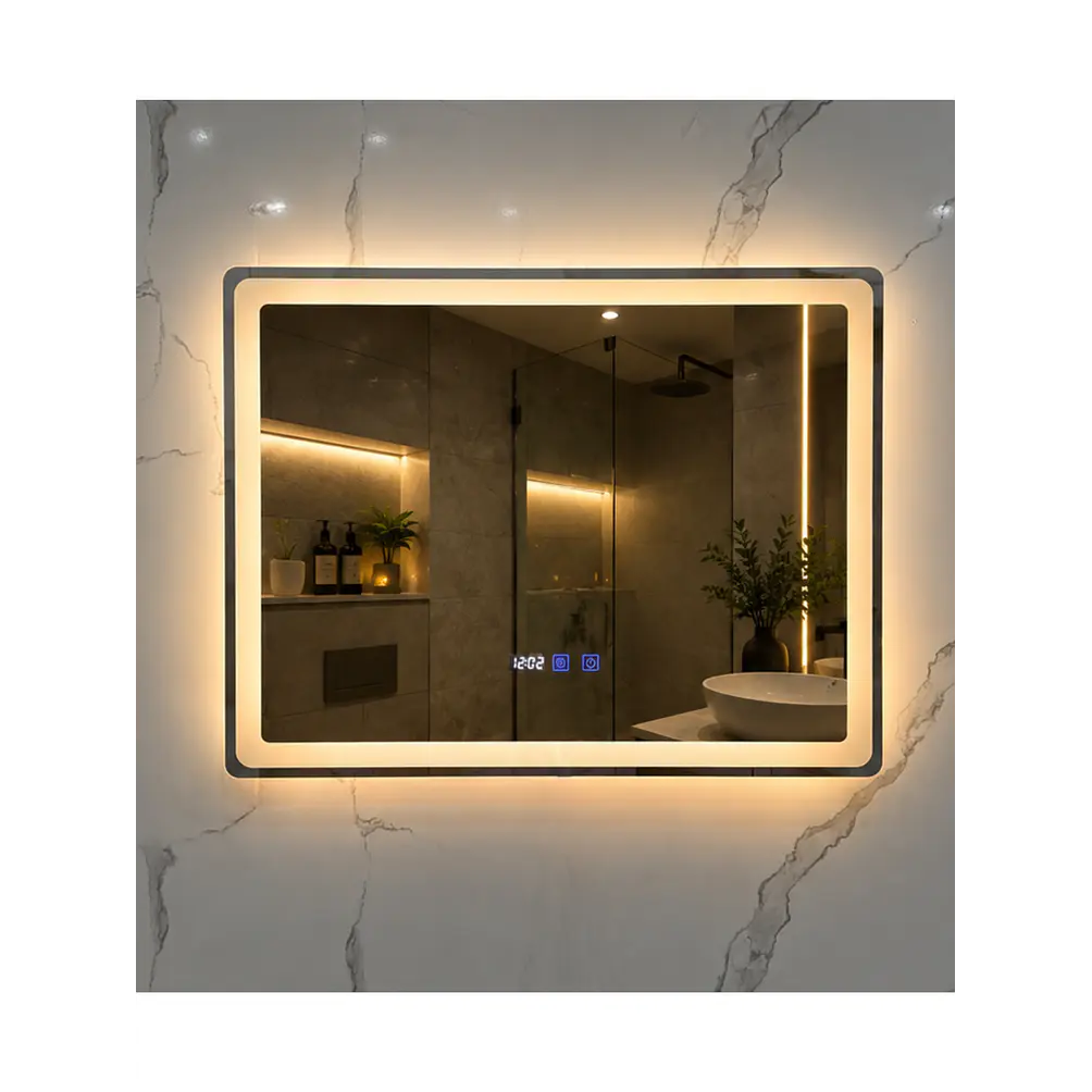 Espejo LED 80x60 cm con Desempañante, Reloj y Temperatura 1