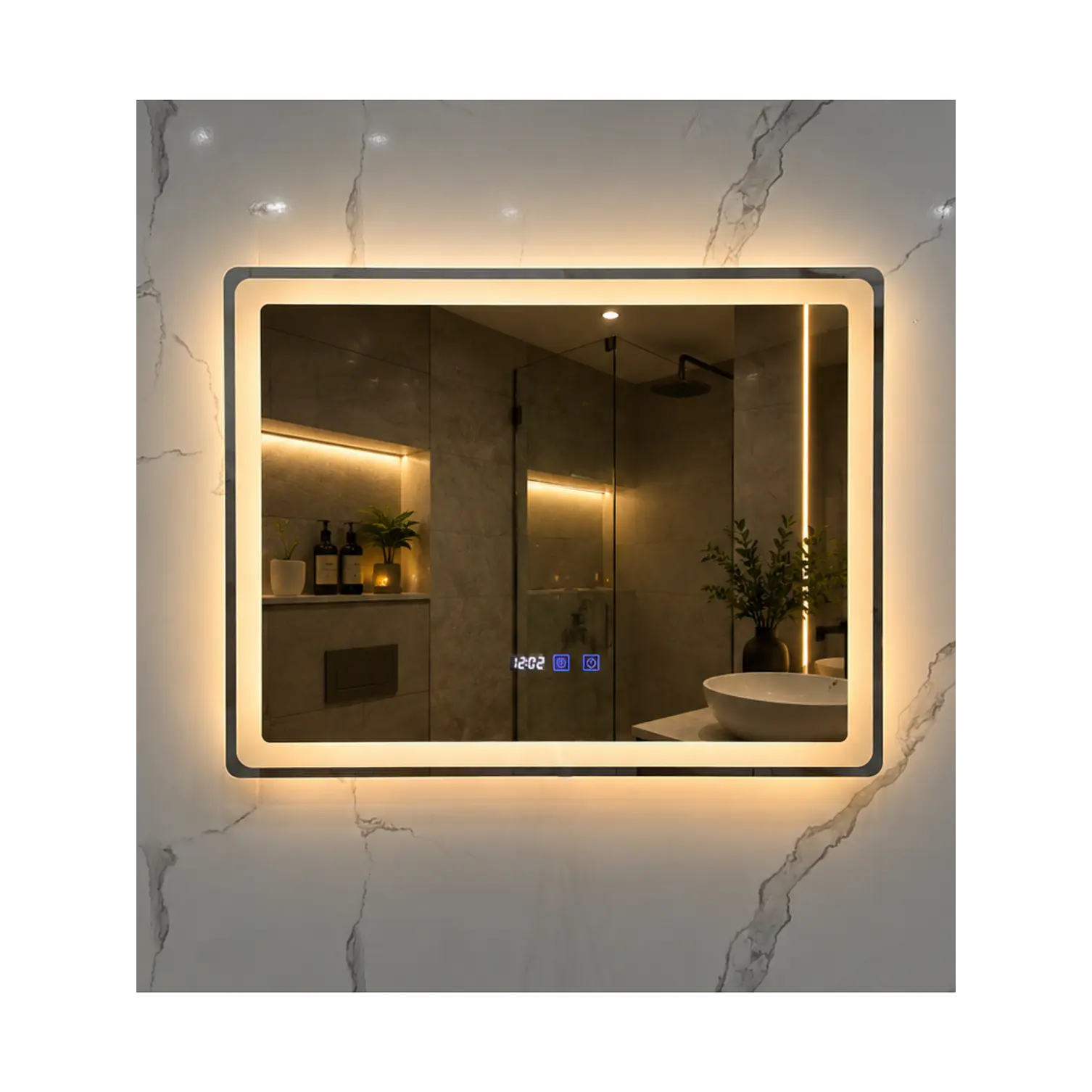 Espejo LED 80x60 cm con Desempañante, Reloj y Temperatura 1
