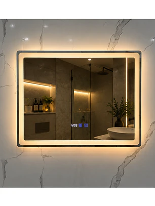 Espejo LED 80x60 cm con Desempañante, Reloj y Temperatura