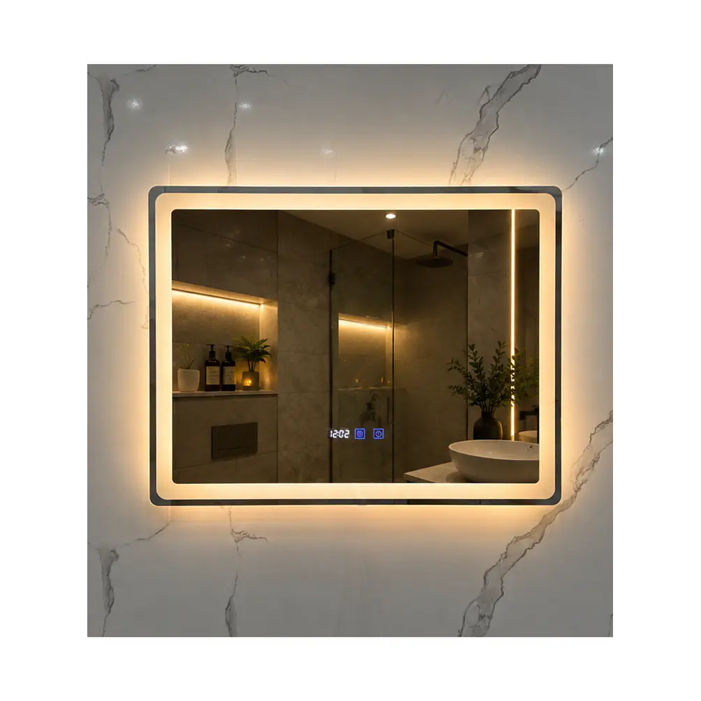 Espejo LED Para Baño Desempañante Con Reloj Digital Sin Marco 80x60 cm 1