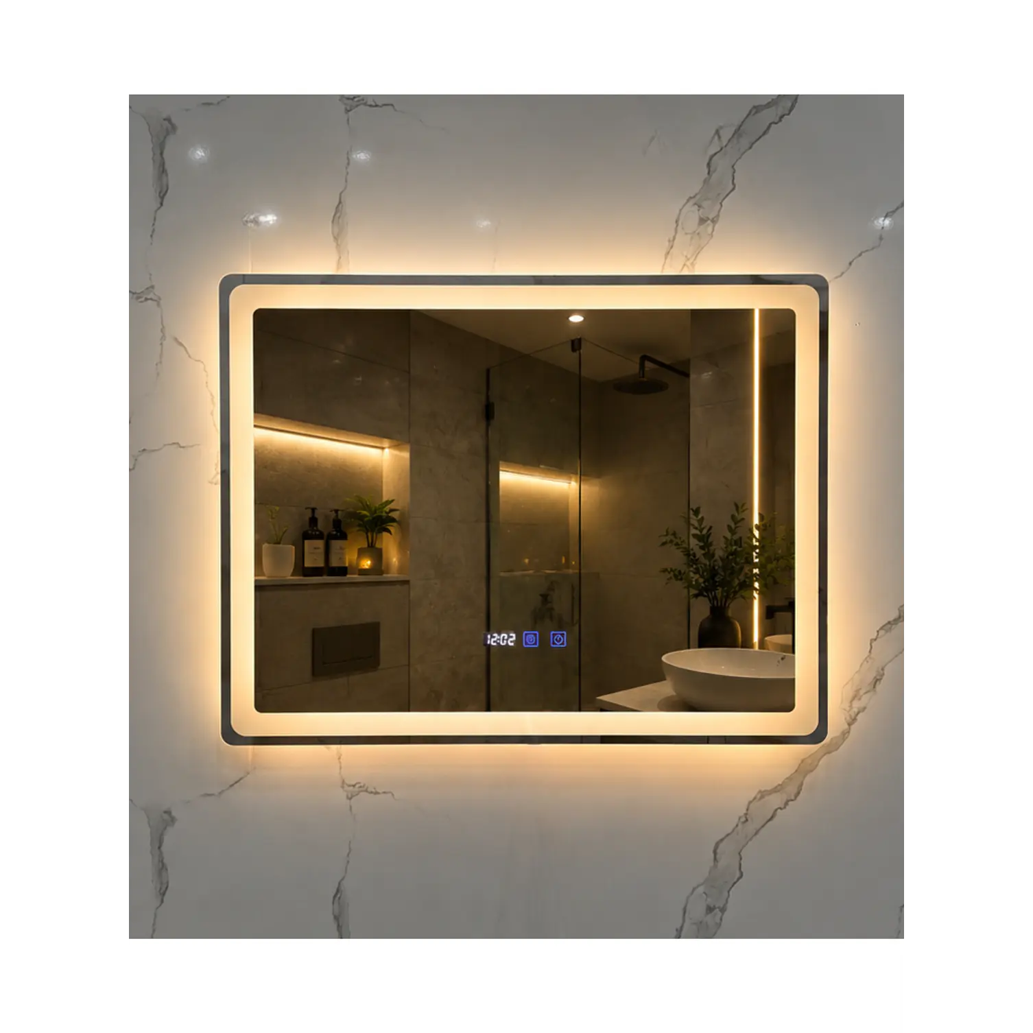 Espejo LED Para Baño Desempañante Con Reloj Digital Sin Marco 80x60 cm 1