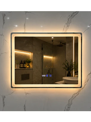Espejo LED Para Baño Desempañante Con Reloj Digital Sin Marco 80x60 cm