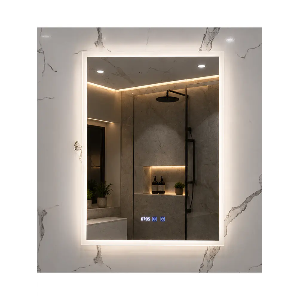 Espejo LED Para Baño Desempañante Con Reloj Digital Sin Marco 60x80 cm 2