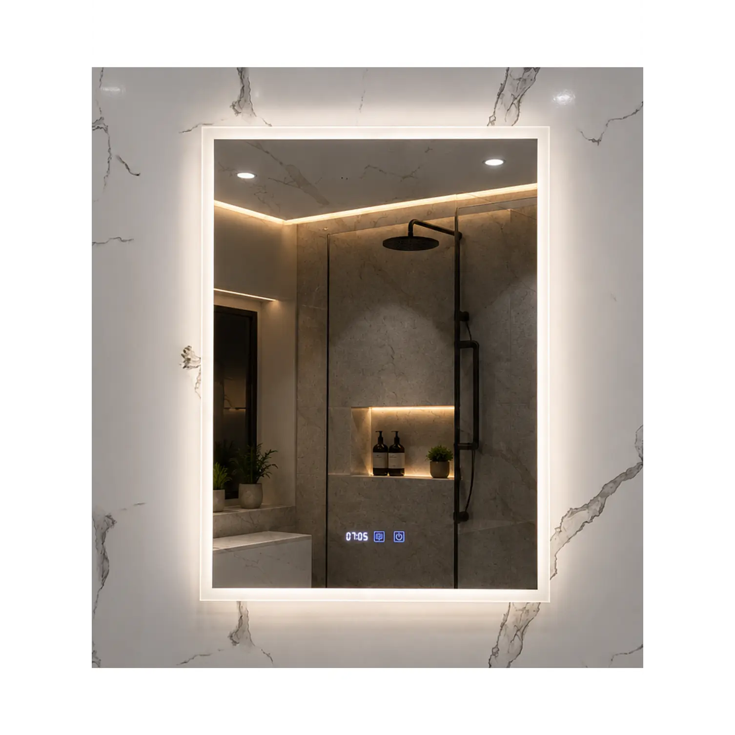 Espejo LED Para Baño Desempañante Con Reloj Digital Sin Marco 60x80 cm 2