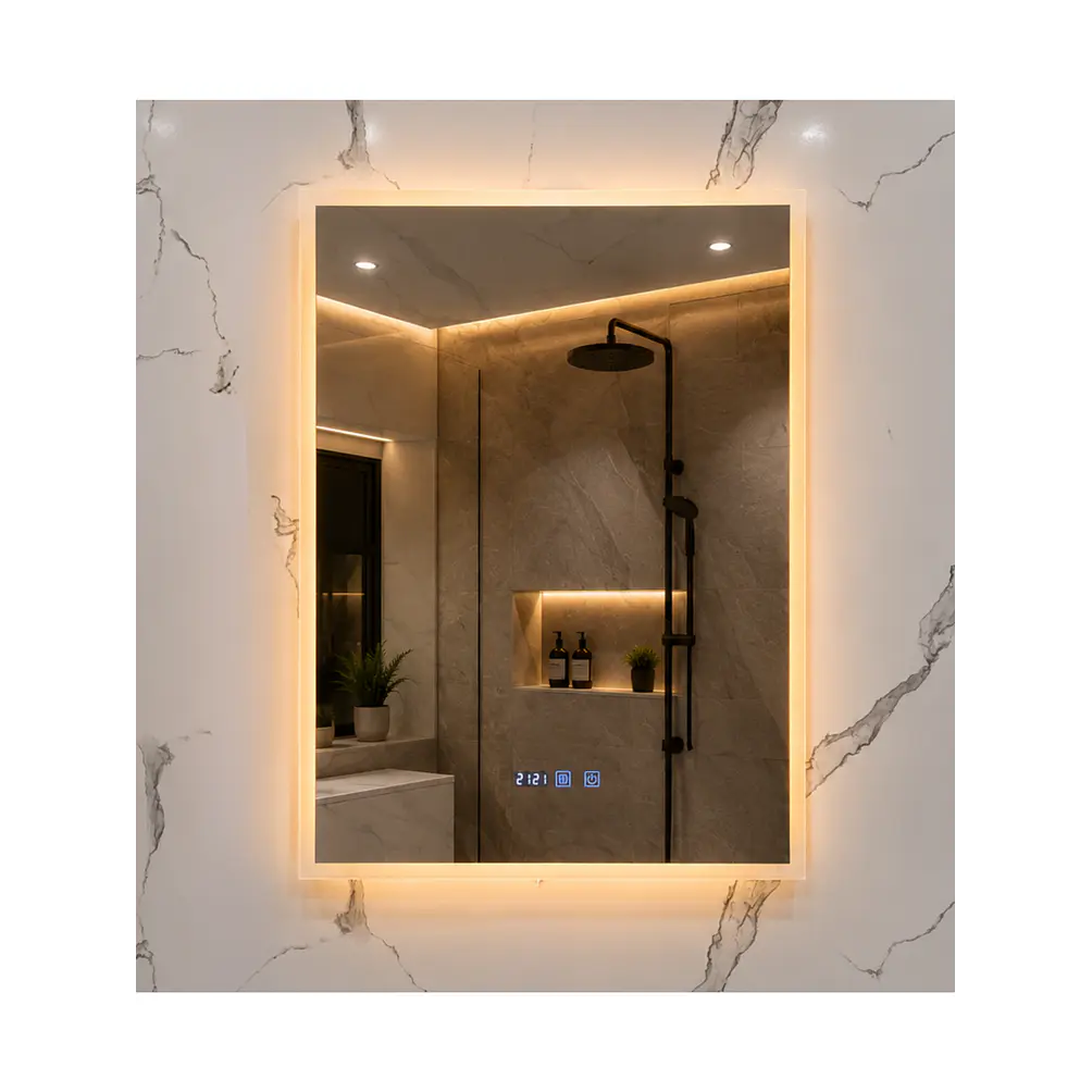 Espejo LED Para Baño Desempañante Con Reloj Digital Sin Marco 60x80 cm 1