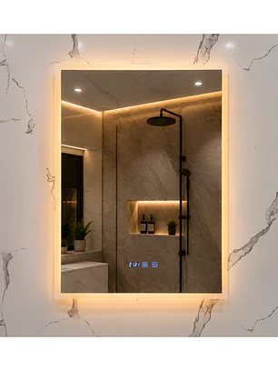 Espejo LED Para Baño Desempañante Con Reloj Digital Sin Marco 60x80 cm