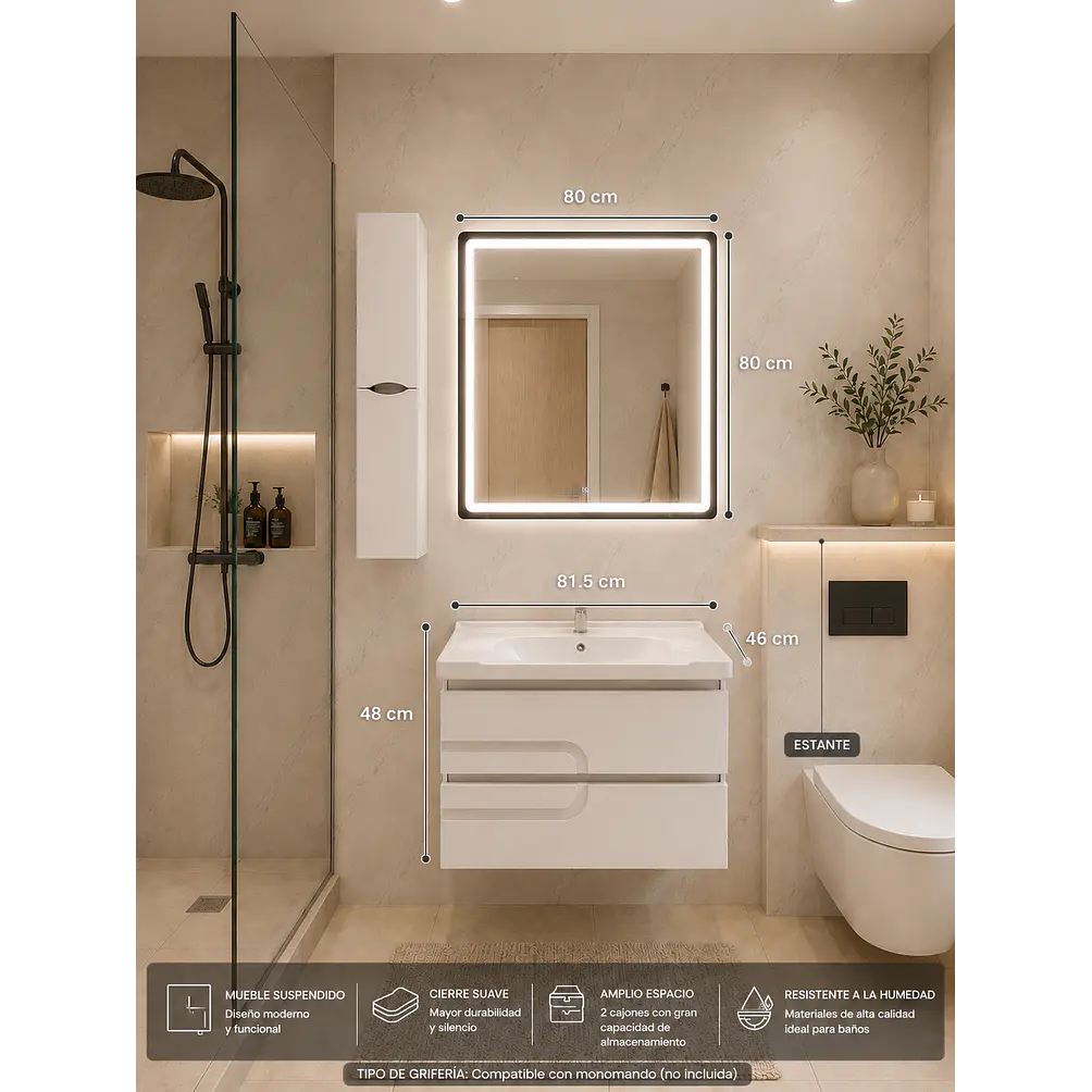 Mueble Vanitorio Con Espejo Y Estante 80cm BLANCO 2