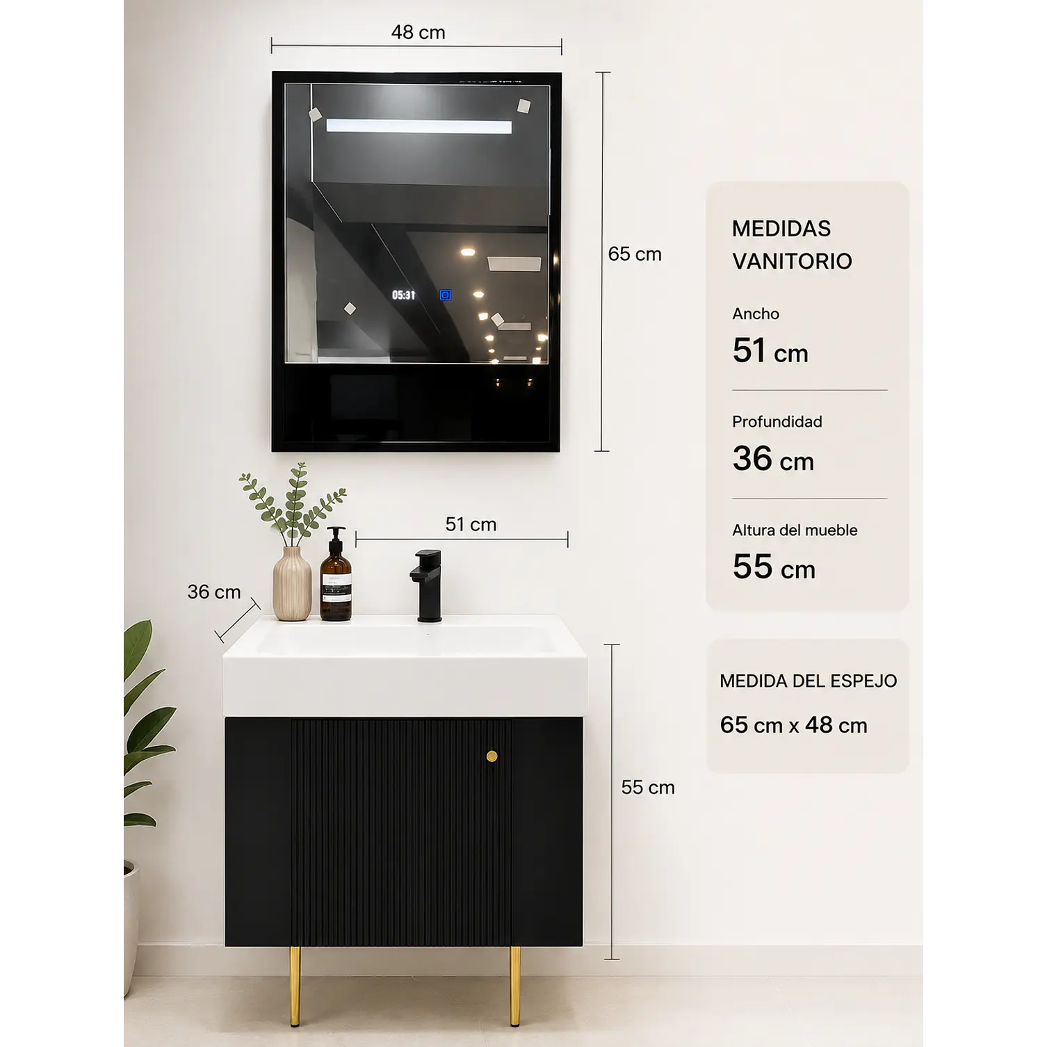 Mueble Vanitorio Con Espejo 50cm NEGRO 3