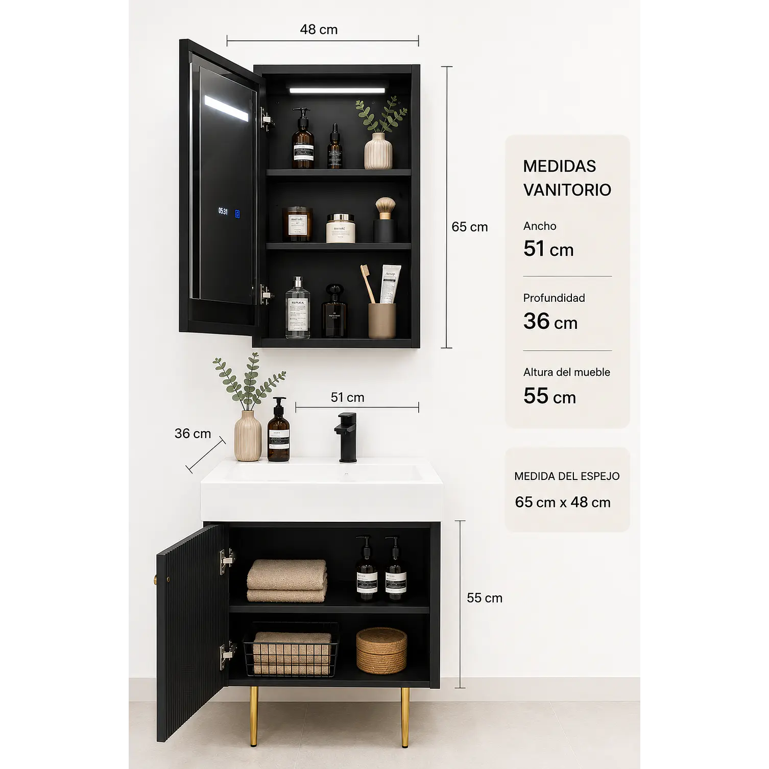 Mueble Vanitorio Con Espejo 50cm NEGRO 4