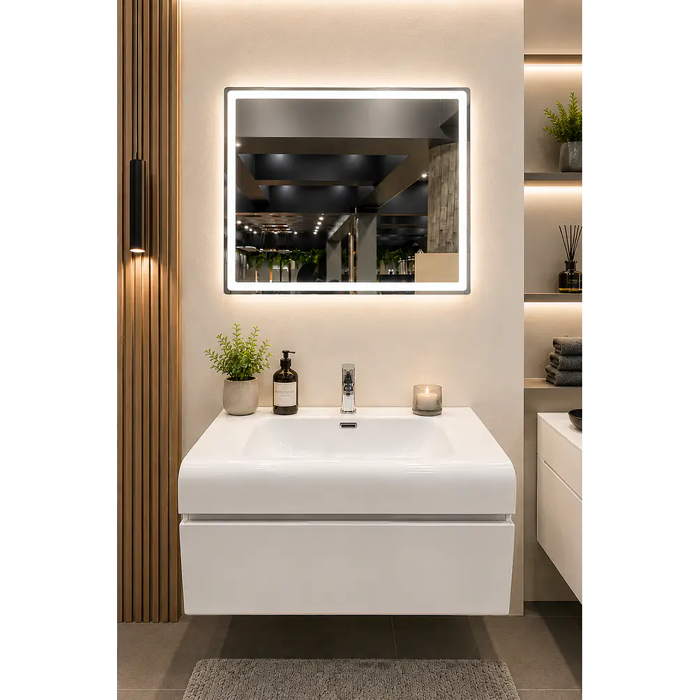 Vanitorio Flotante Completo Blanco 80 cm Con Espejo LED 1