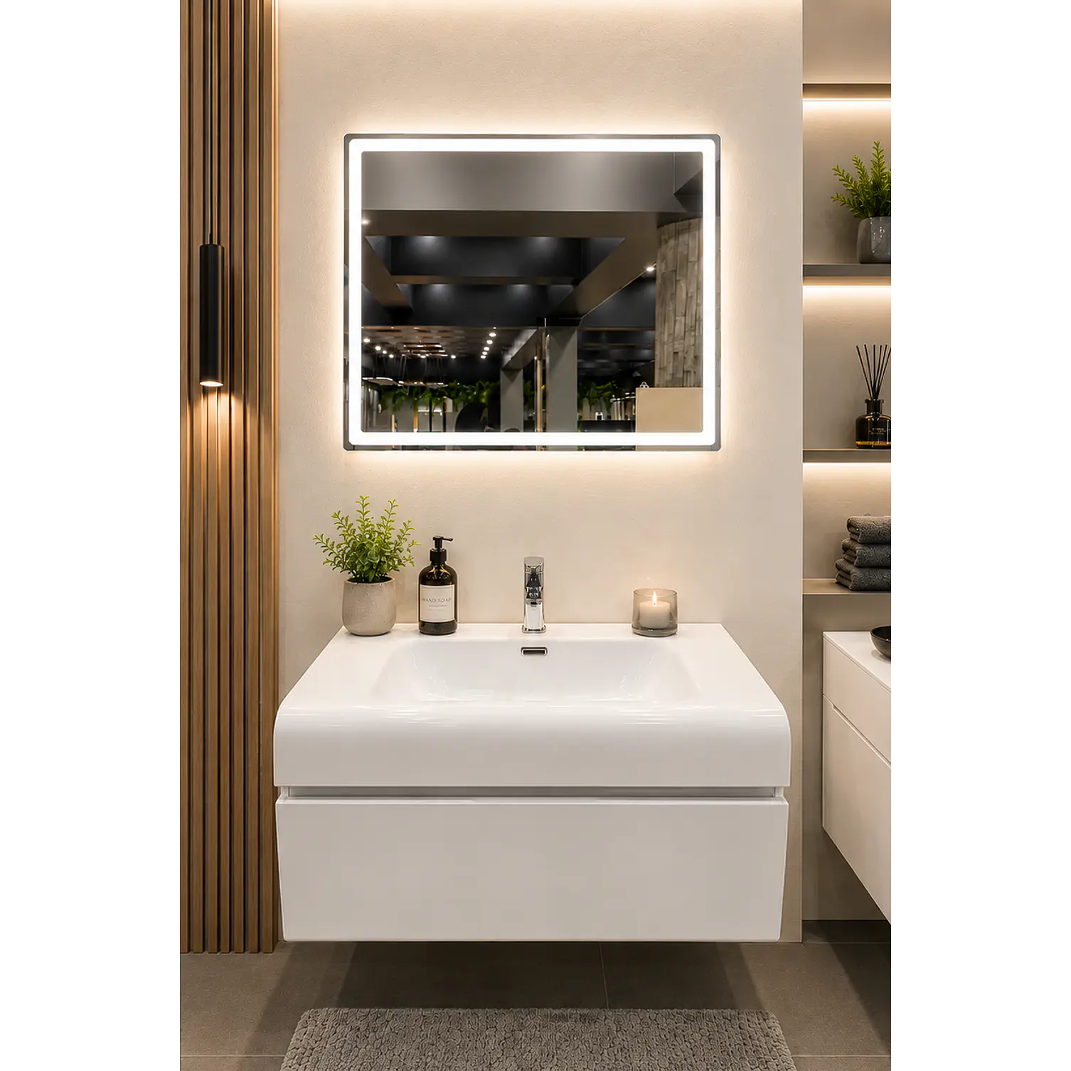 Vanitorio Flotante Completo Blanco 80 cm Con Espejo LED 1