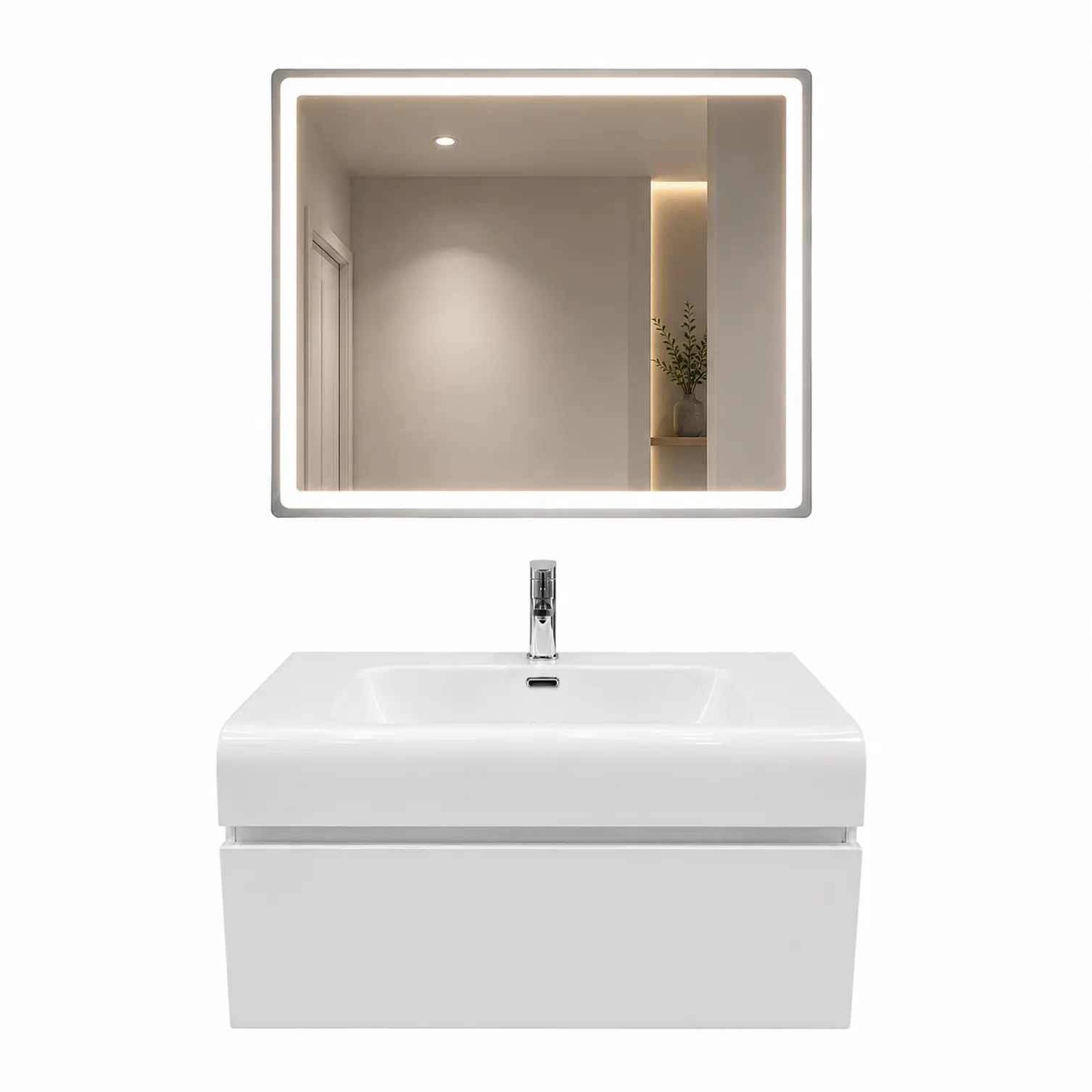 Vanitorio Flotante Completo Blanco 80 cm Con Espejo LED 3
