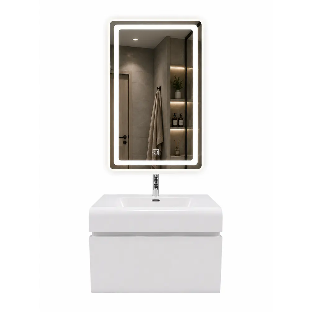 Vanitorio Flotante Completo Blanco 60 cm Con Espejo LED 3