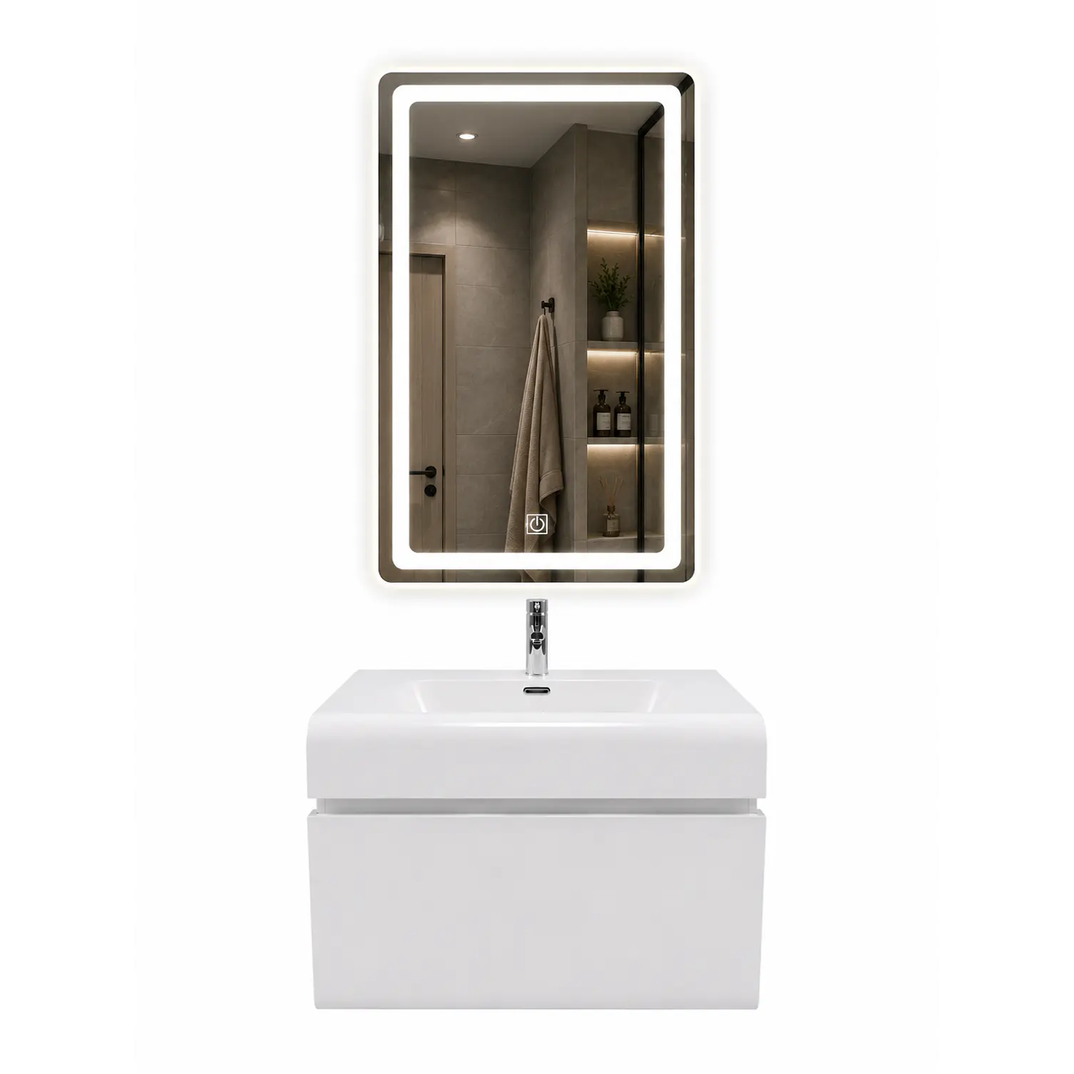 Vanitorio Flotante Completo Blanco 60 cm Con Espejo LED 3